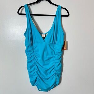 Vintage Dead Stock Full Coverage Ruched One Piece Blue Swimsuit size 18W